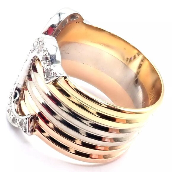 Authentic! Cartier Diamond Double C 18k Tri-Color Gold Band Ring Size 52 US 6 - Picture 5 of 9